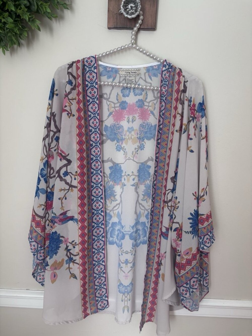 Flying Tomato Womens Size M/L Floral Bird Print Kimono Open Front Semi Sheer